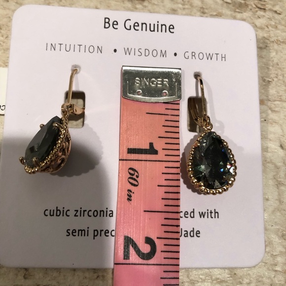 CZ Previous Stone Enhanced with Semi Previous African Jade / drop earrings - Picture 3 of 4